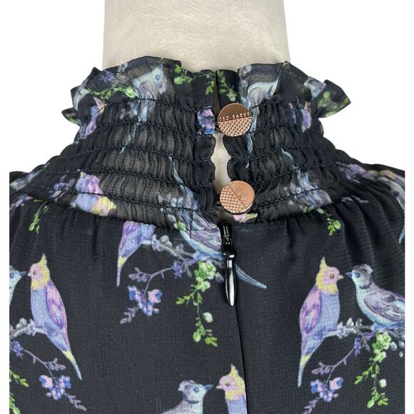 Ted Baker Hilaina Love Birds Midi Dress Black Cold Shoulder Size 0 or US 2 - Picture 11 of 13